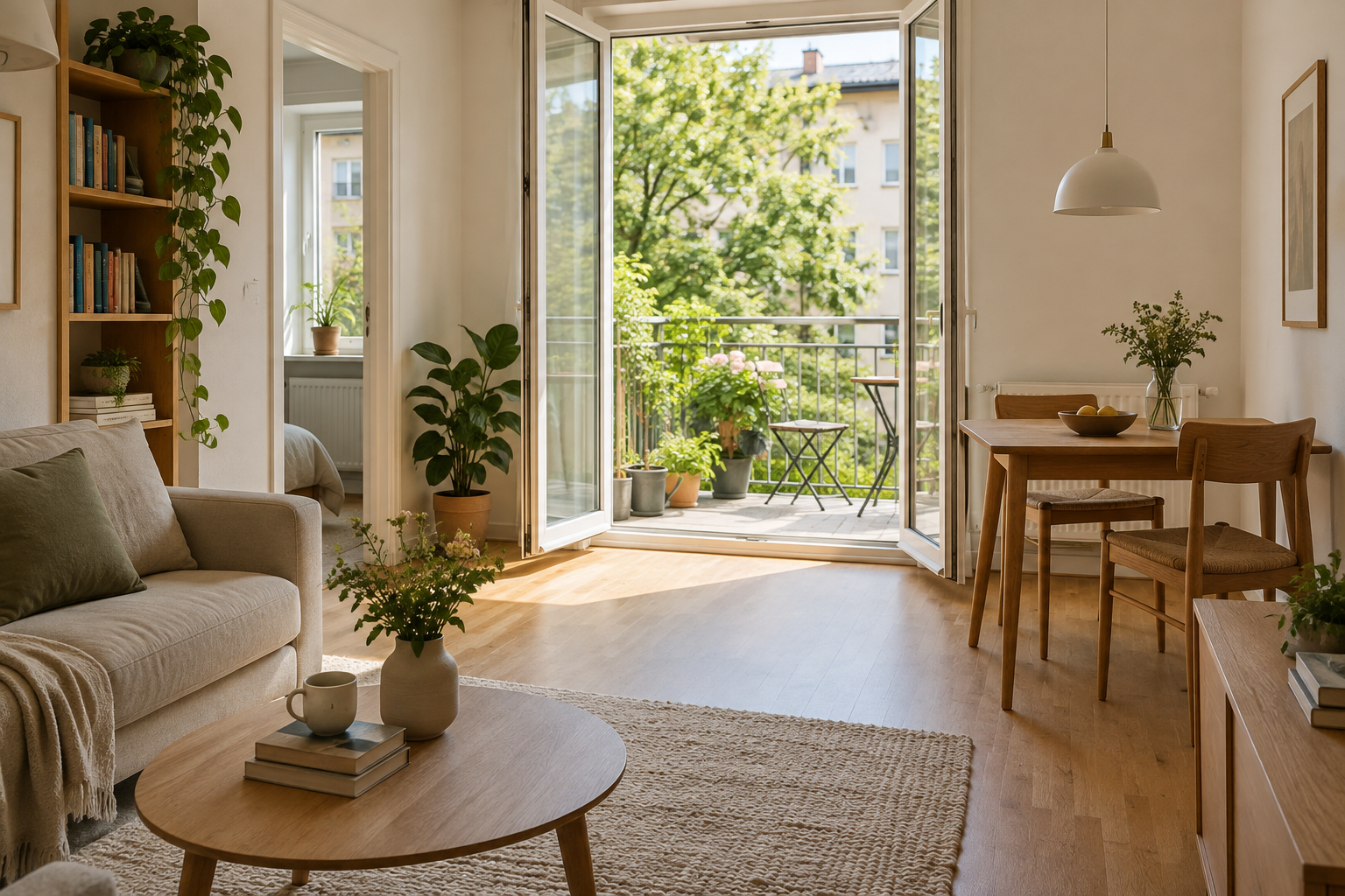 Eine kompakte helle Wohnung mit Balkon nahe einem begrünten Innenhof