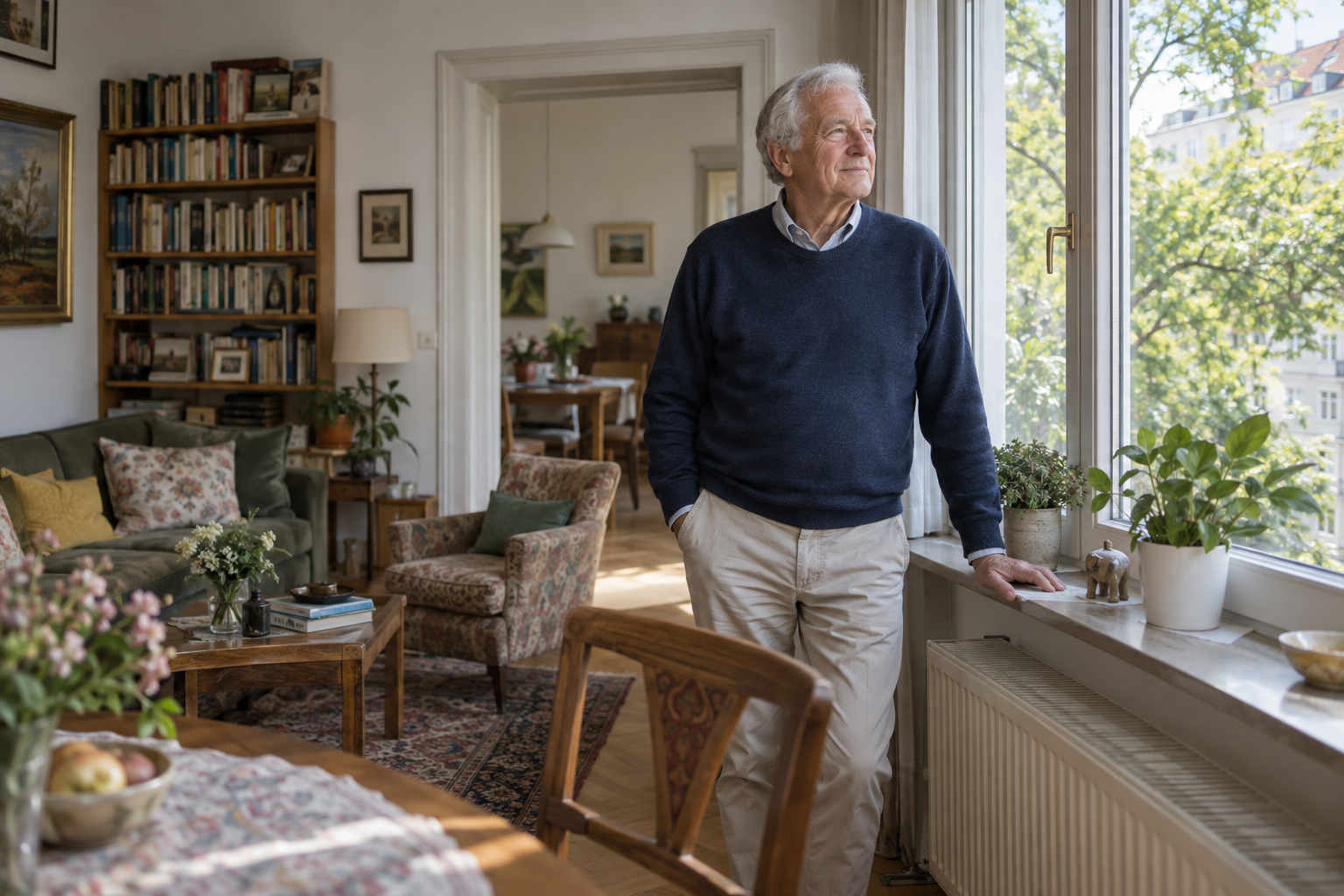 Ein älterer Mann steht am Fenster seiner lang bewohnten Eigentumswohnung
